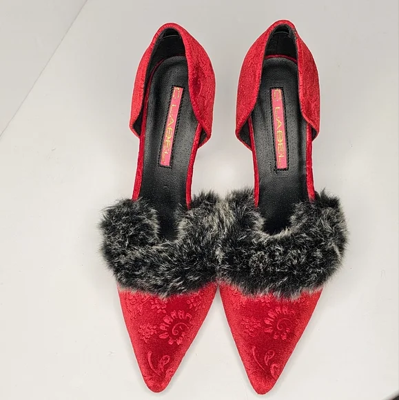 Coquette red velvet heels with gray faux fur - Picture 2 of 11